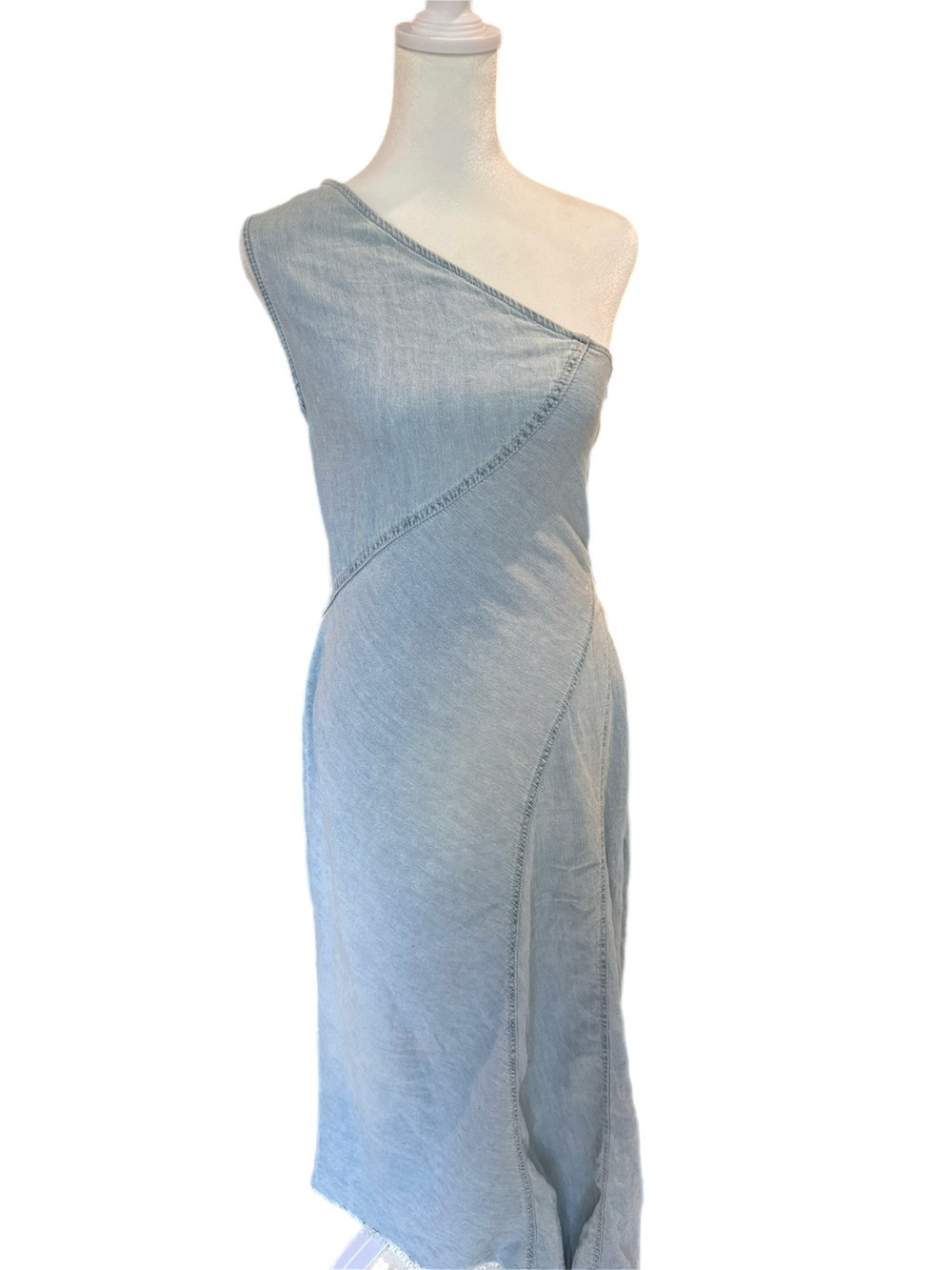 Zara One-Shoulder Light Blue Denim Midi Dress